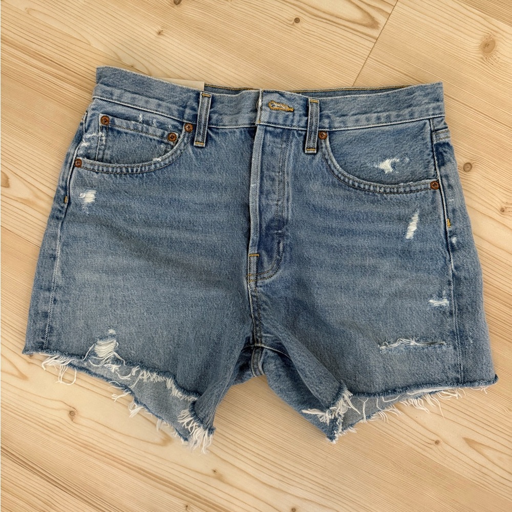 Agolde Blue Distressed Parker Long Jean Shorts with Frayed Hem